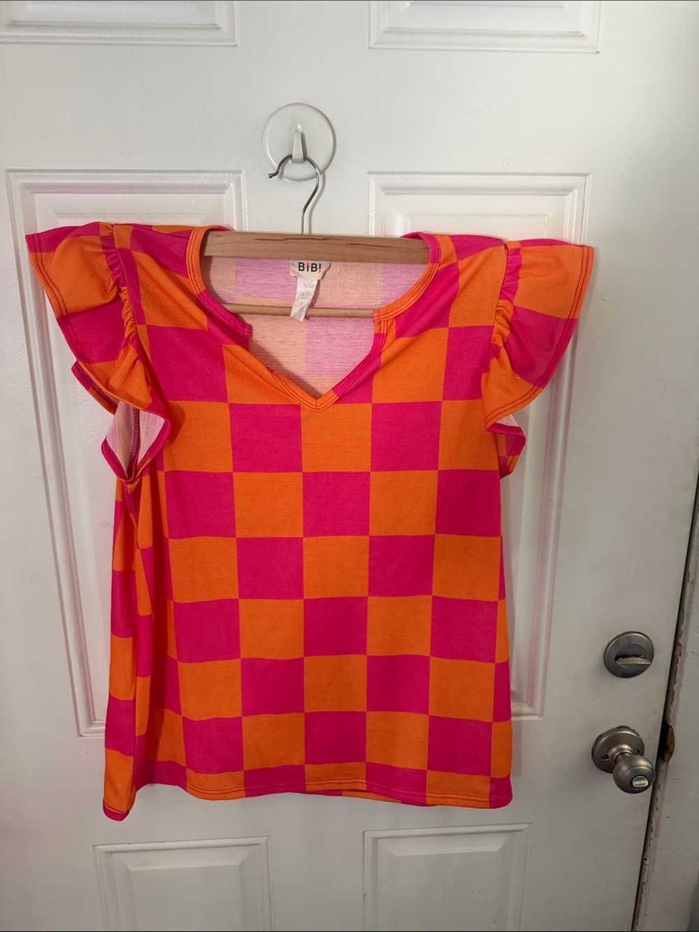 BiBi Hot Pink and Orange Check Flutter Sleeve Top
